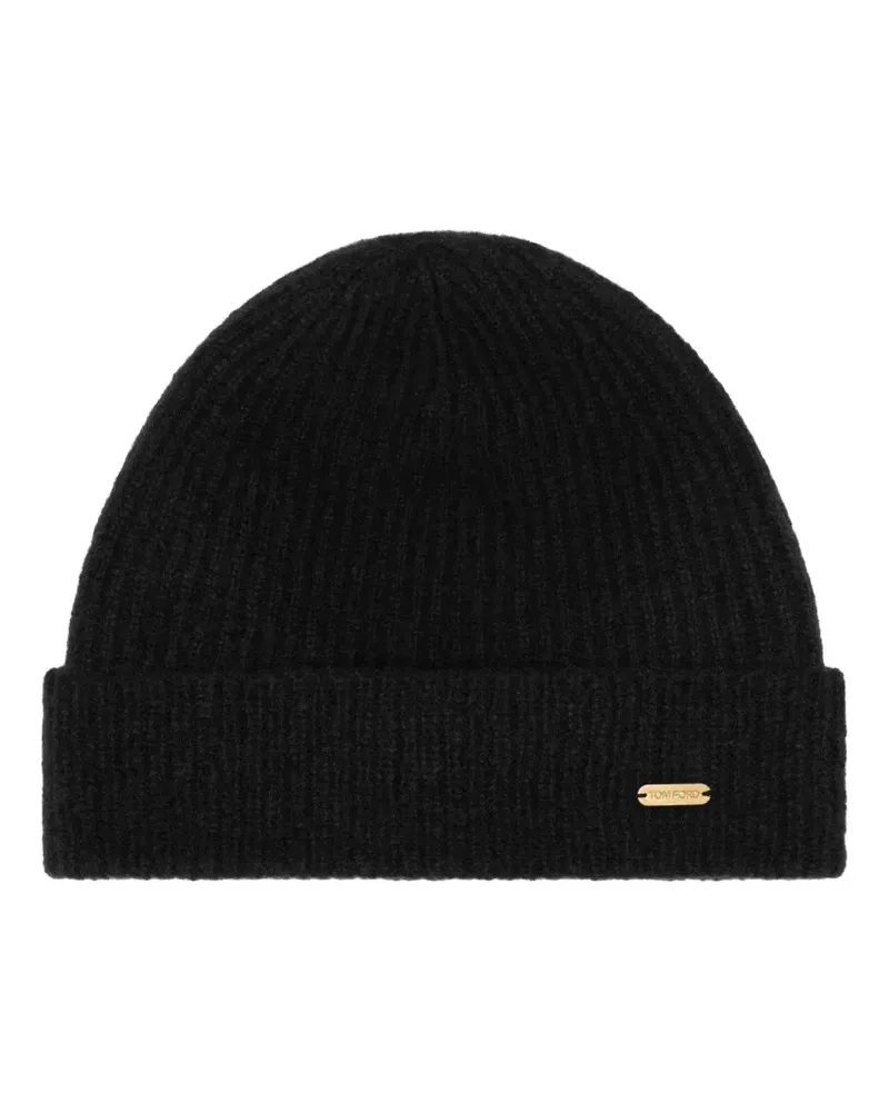 Tom Ford Gerippte Beanie mit Logo-Schild - Schwarz Schwarz