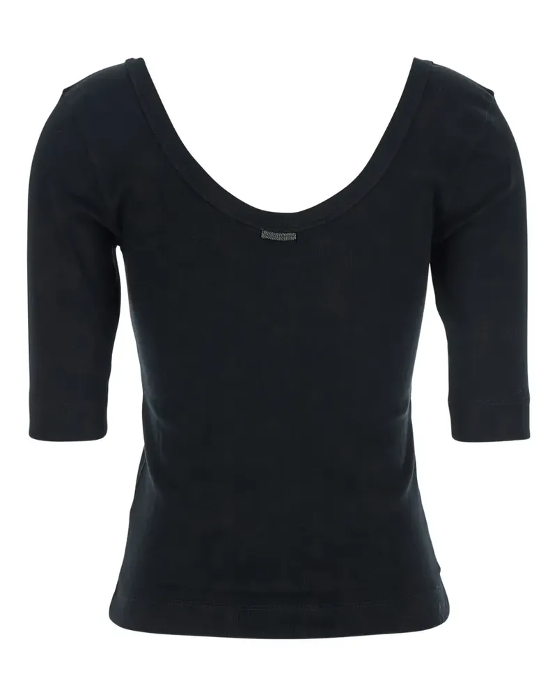Brunello Cucinelli Geripptes T-Shirt mit U-Ausschnitt - Schwarz Schwarz