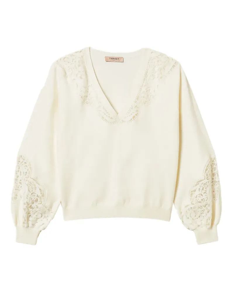 Twin-Set Pullover mit V-Ausschnitt und Stickerei - Weiß Weiß