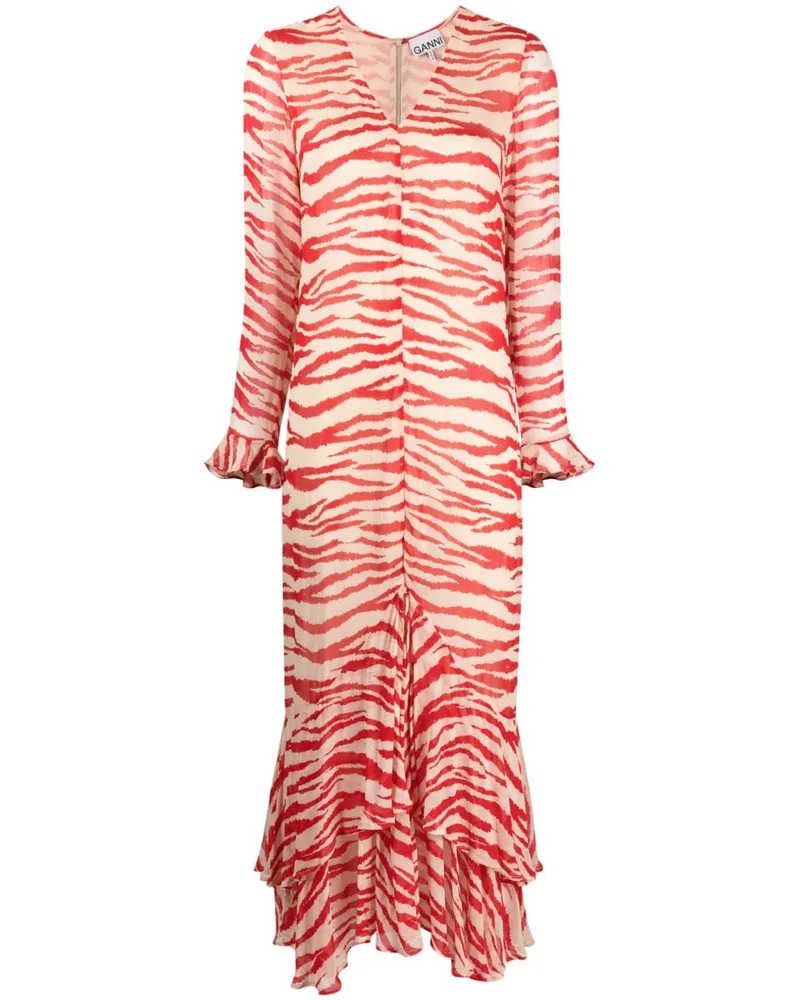 Ganni Maxikleid mit Tiger-Print - Rot Rot