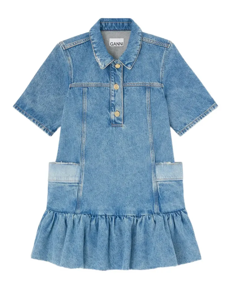 Ganni Gerafftes Minikleid mit Rüschen - Blau Blau