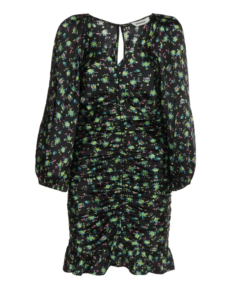 Sandro Gerafftes Minikleid mit Blumenprint - Schwarz Schwarz