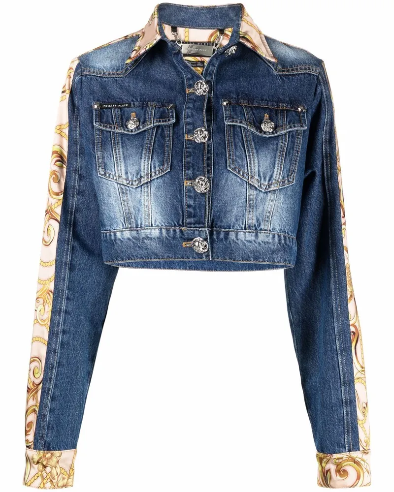 Philipp Plein Cropped-Jeansjacke mit Barock-Print Blau