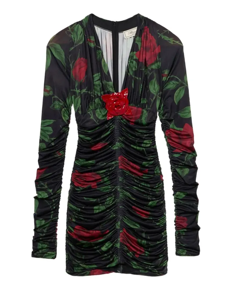 Blumarine rose-print ruched mini dress - Schwarz Schwarz