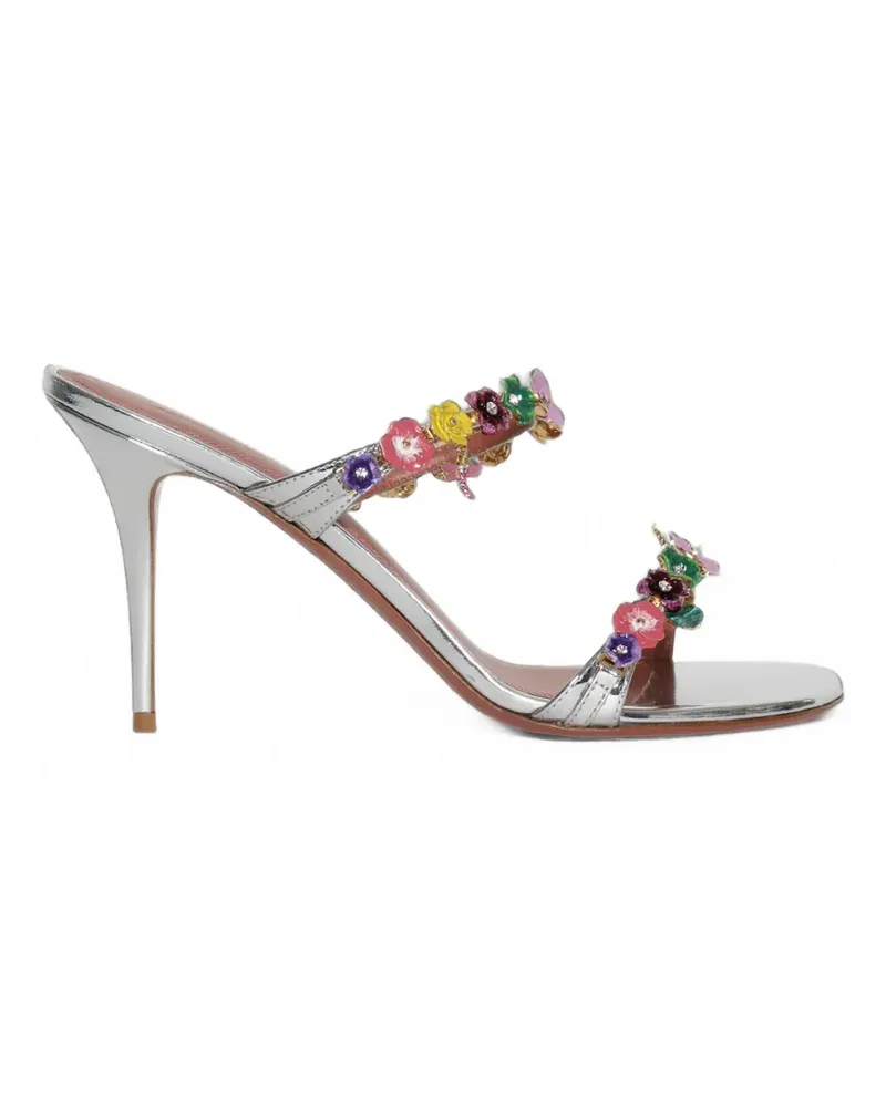 Amina Muaddi Vittoria Sandalen mit silberfarbenem Spiegel und Blumen Silber