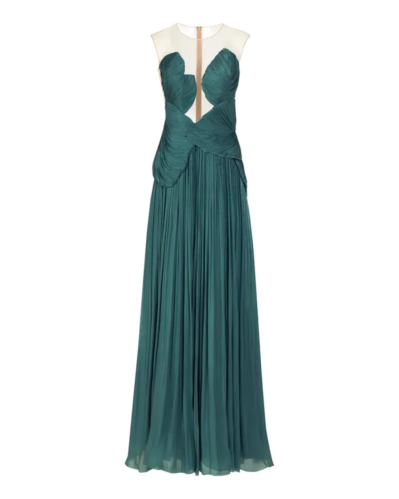 COSTARELLOS Serenne Plissee-Abendkleid mit Illusionsausschnitt - Grün Grün