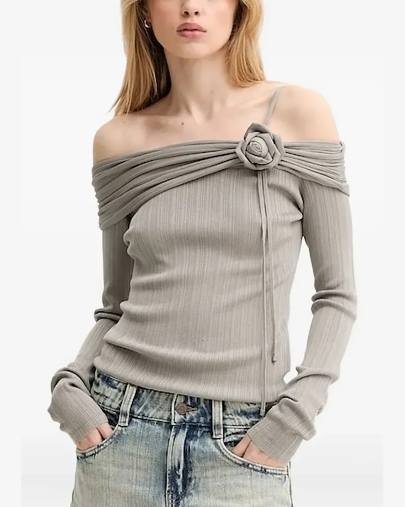 Miss Sixty Schulterfreies Strickoberteil mit Rosendetail - Grau Grau