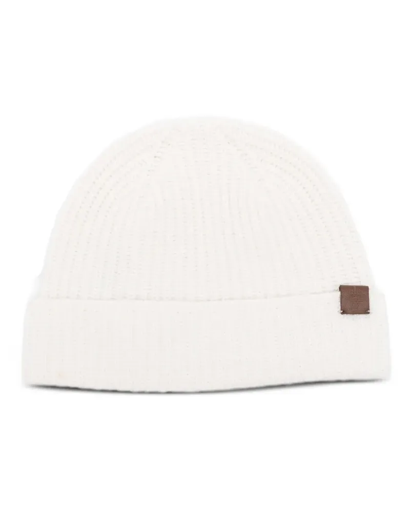 Eleventy Gerippte Beanie mit Leder-Patch - Weiß Weiß