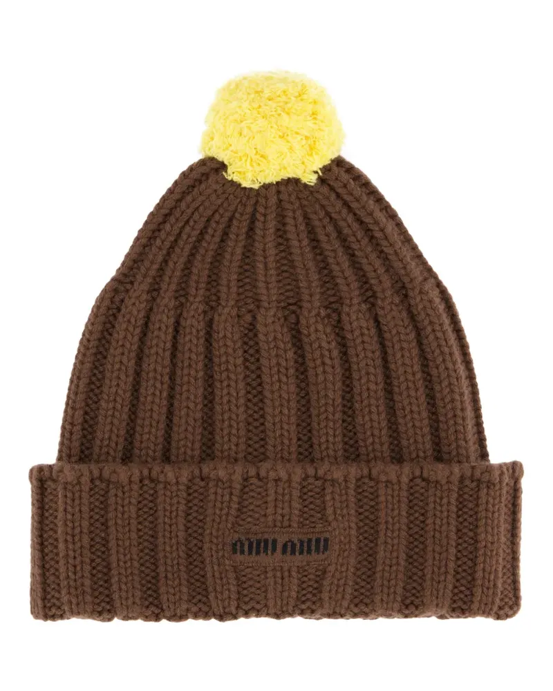 Miu Miu pom-pom ribbed-knit beanie hat - Braun Braun