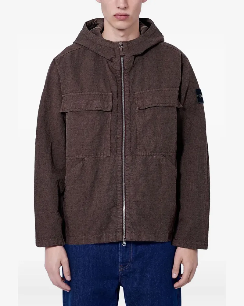 Stone Island 1200035 diagonal cotton Wool-TC loose-fit hooded zip-up overshirt with pockets - Braun Braun