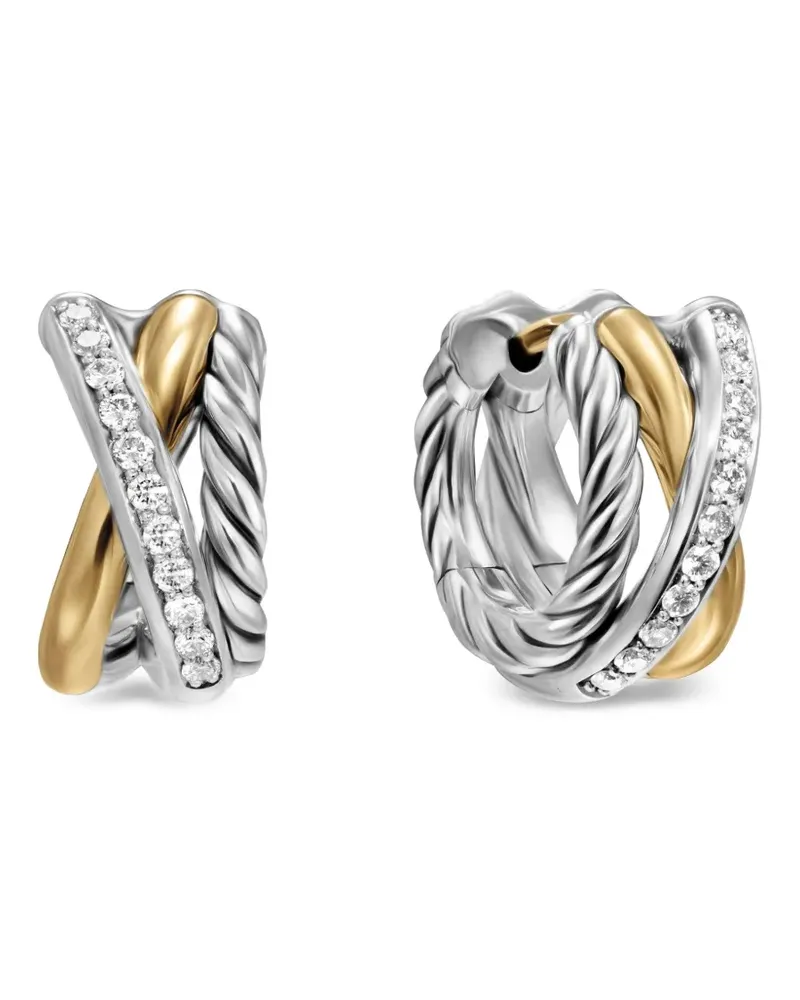 David Yurman 18kt Crossover Three Row Gelbgold- und Sterlingsilbercreolen mit Diamanten (13mm Silber