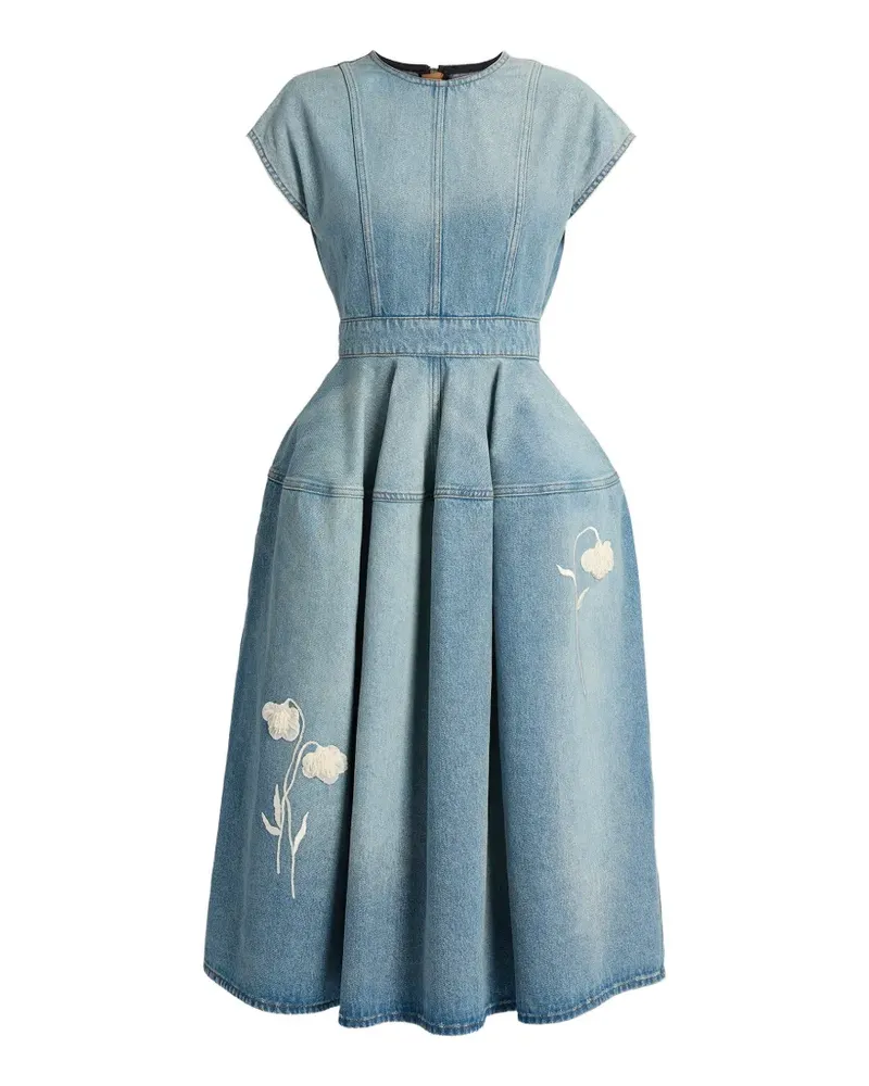 Erdem Embroidered denim short sleeve midi dress - Blau Blau