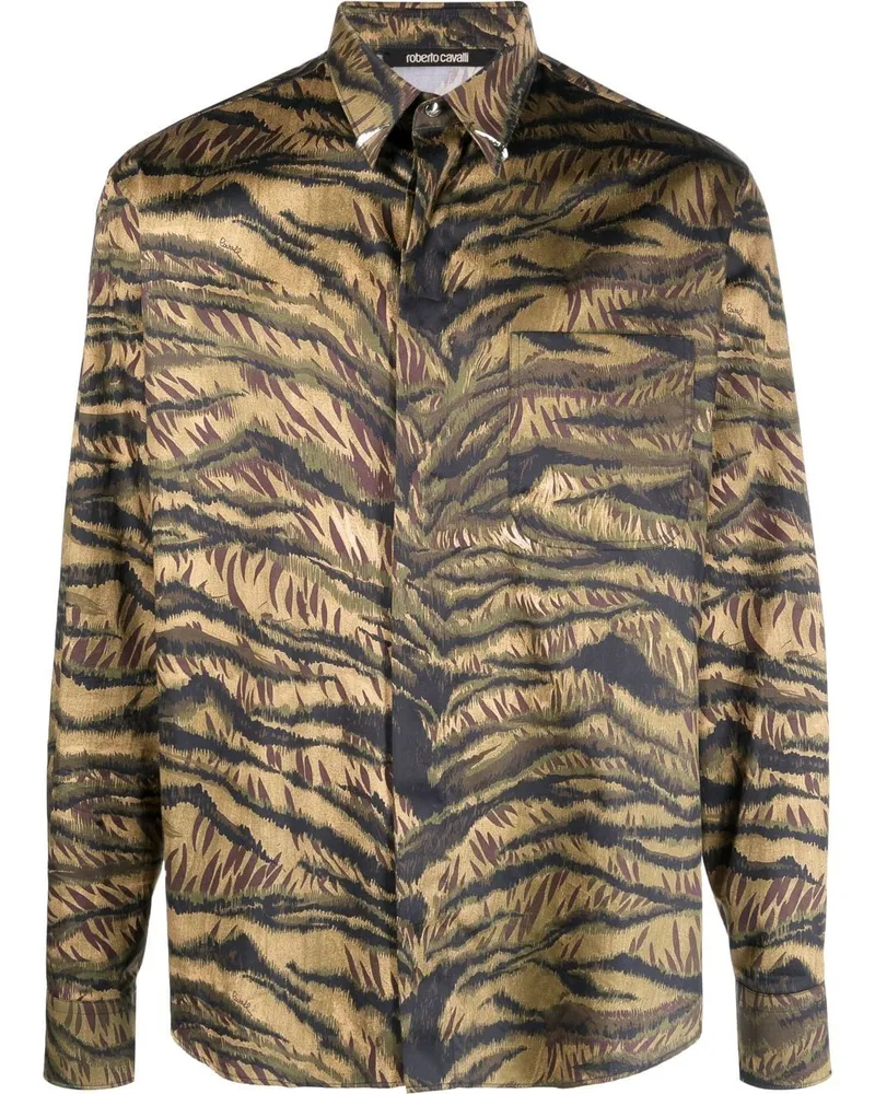 Roberto Cavalli Hemd mit Tiger-Print Grün