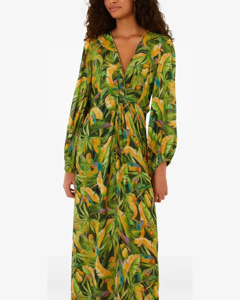 FARM Rio Gerafftes Midikleid mit Papagei-Print - Grün Grün