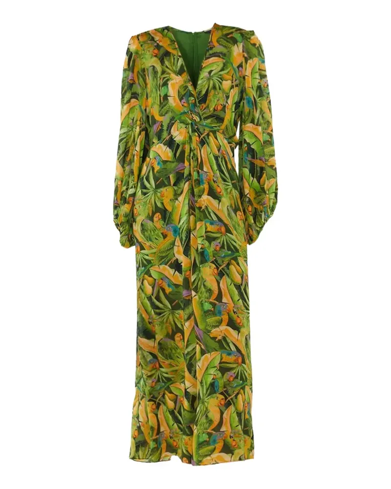 FARM Rio parrot-print gathered-waist midi dress - Grün Grün