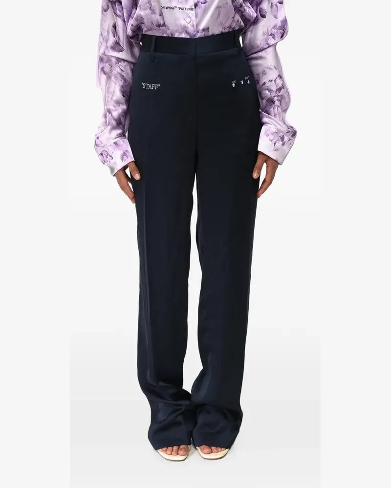 OFF-WHITE logo-print satin trousers - Blau Blau
