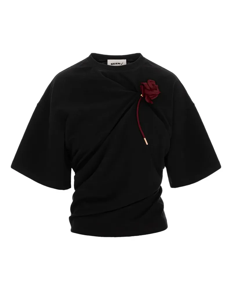 Seen Users Asymmetrisches T-Shirt mit hängender Rose - Schwarz Schwarz