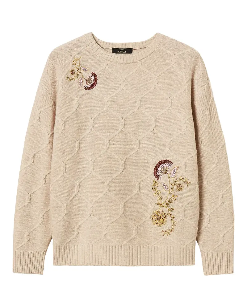 Twin-Set Pullover mit Blumenstickerei und Rautenmuster - Nude Nude