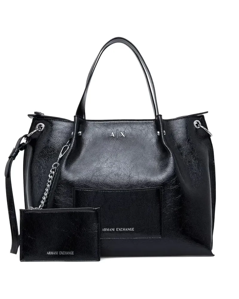 Armani Exchange Tote Bag mit Logo-Schild in Knitteroptik - Schwarz Schwarz