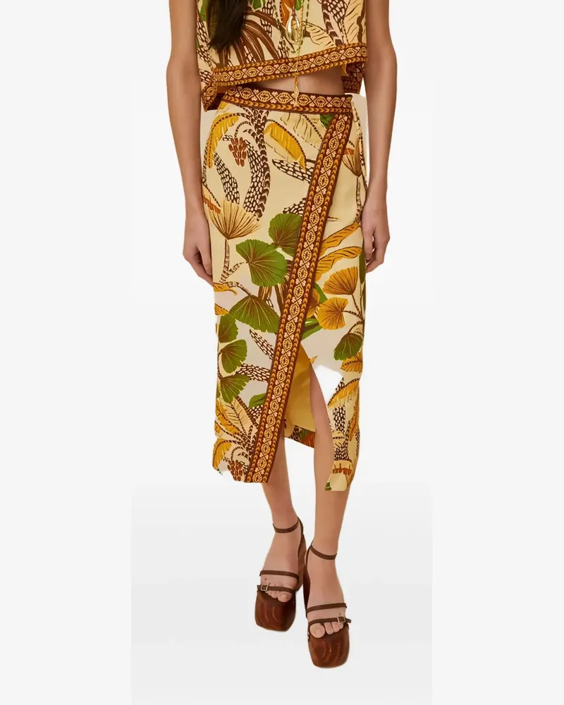 FARM Rio foliages ketch-print sketch wrap midi skirt - Nude Nude