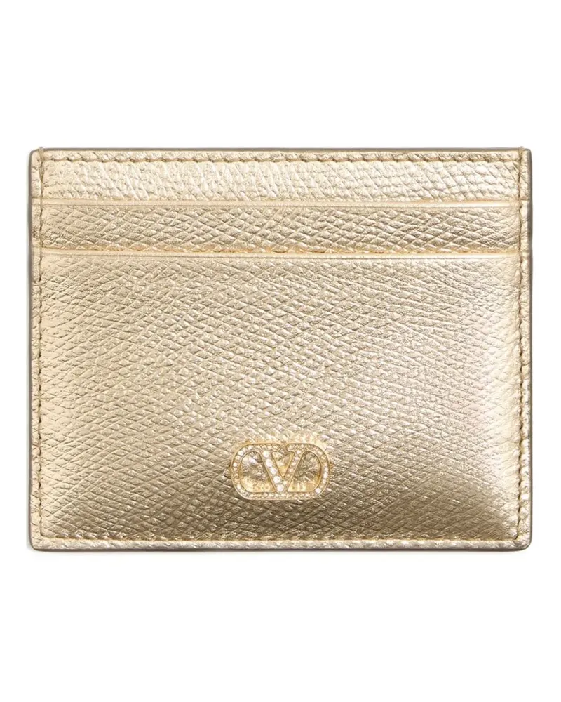 Valentino Garavani VLogo Signature card holder in laminated grainy calfskin with jewel logo - Gold Gold