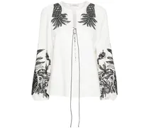 Geschnürte Leinenbluse mit Ananasstickerei - Weiß