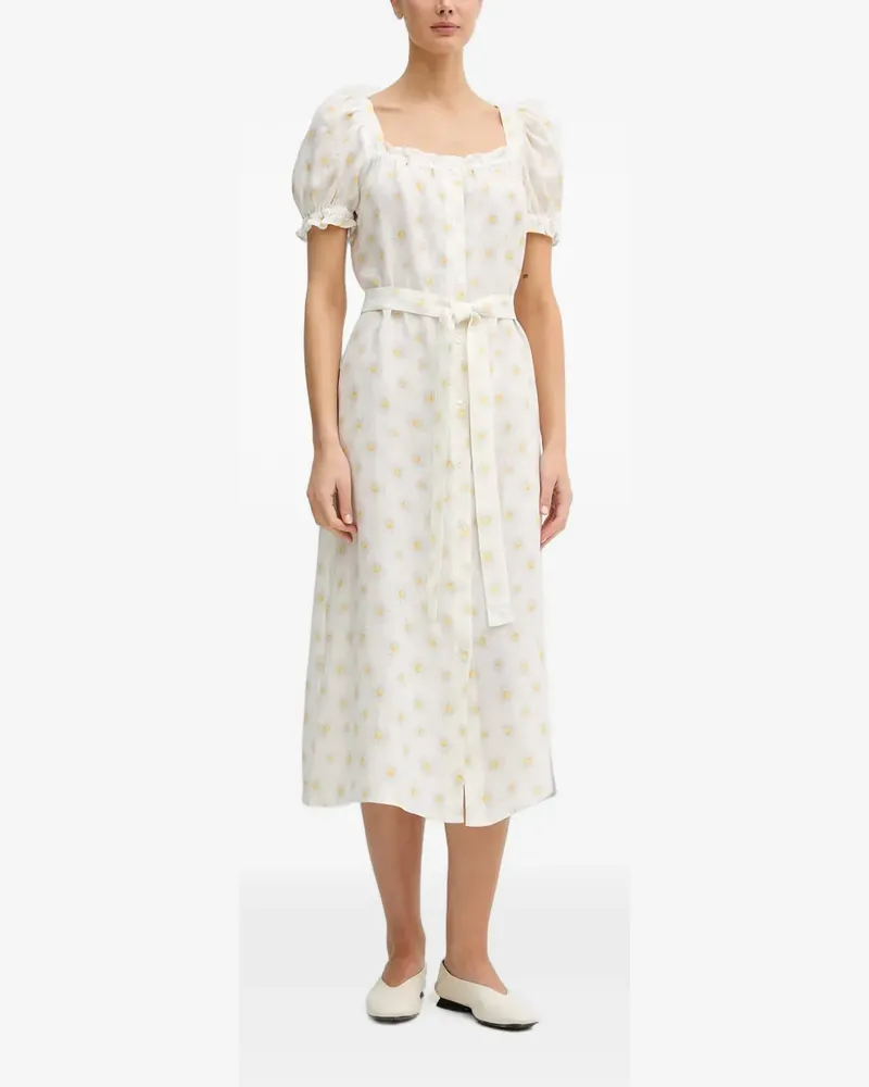 SLEEPER Brigitte daisy-print belted linen midi dress - Weiß Weiß