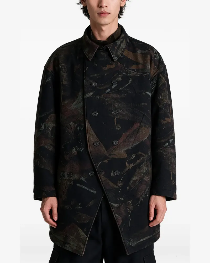 Yohji Yamamoto abstract-pattern double-breasted coat - Schwarz Schwarz