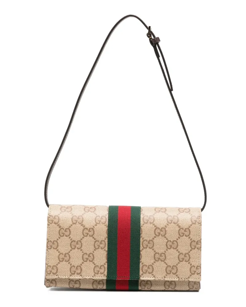 Gucci GG Supreme Schultertasche mit Webbesatz - Nude Nude