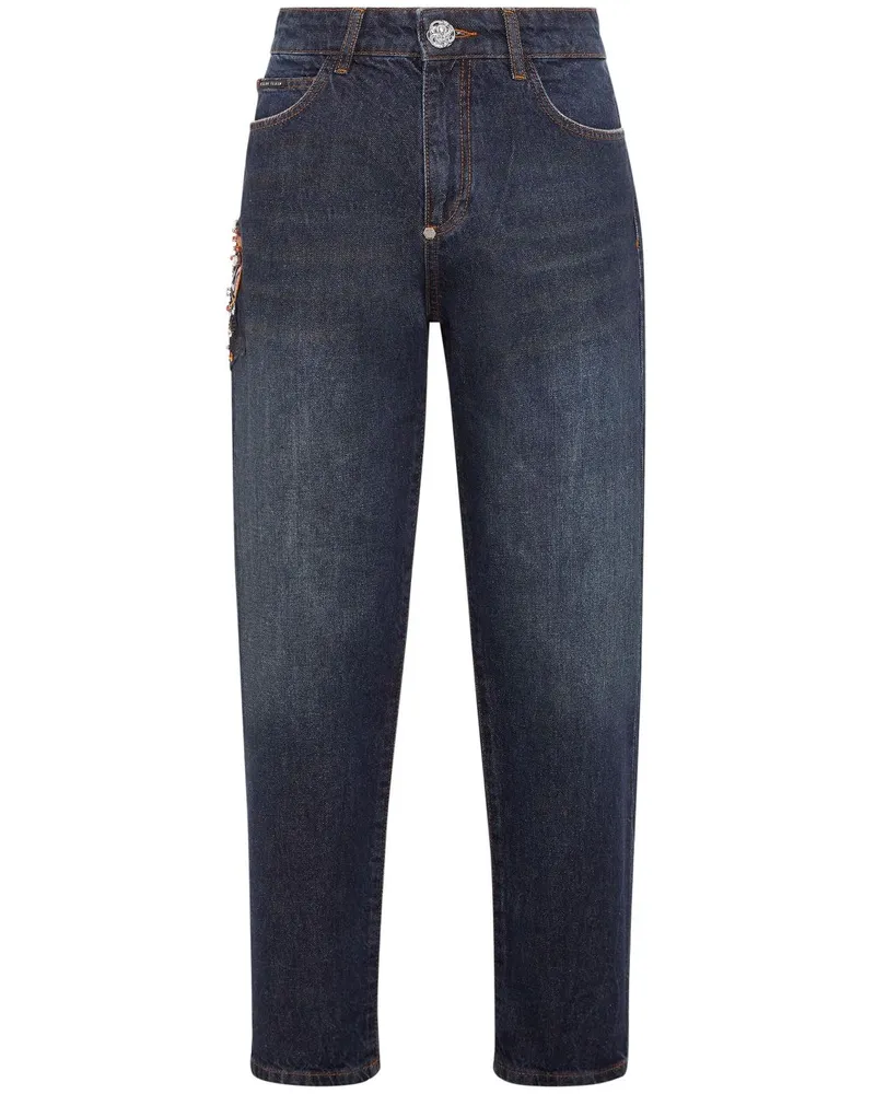 Philipp Plein Boyfriend-Jeans mit Applikationen Blau