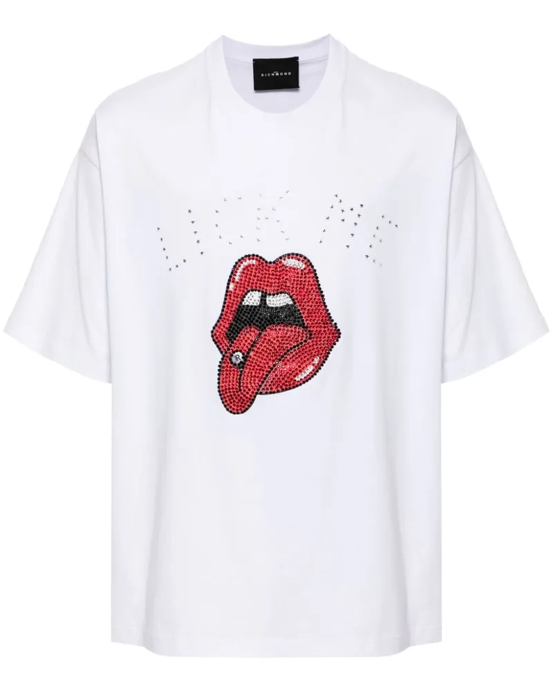 John Richmond Strassverziertes T-Shirt mit Lippen-Print - Weiß Weiß