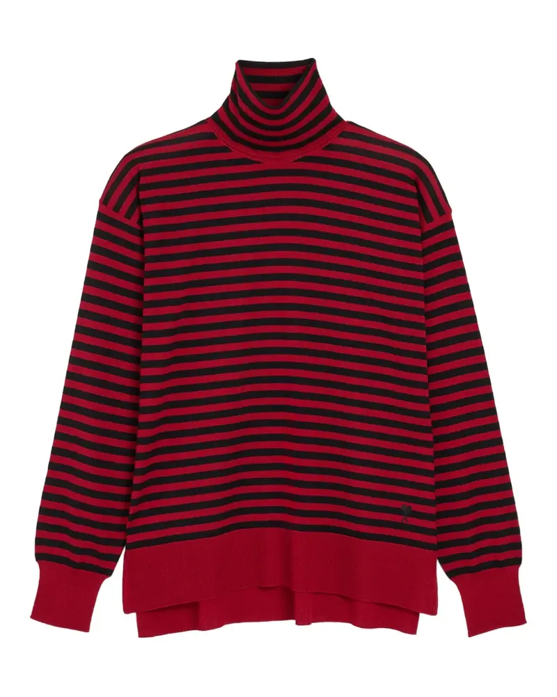 AMI Paris Gestreifter Rollkragenpullover aus Wolle und Seide - Rot Rot