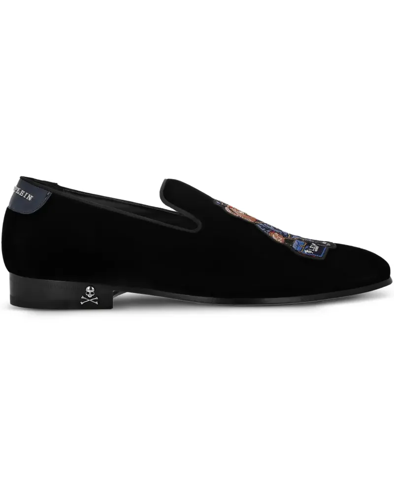 Philipp Plein Bestickte Teddy Doorman Loafer aus Samt - Schwarz Schwarz