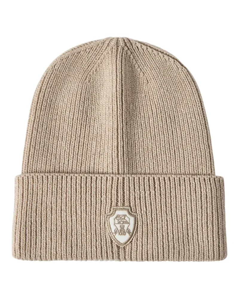 Brunello Cucinelli Englische Kaschmir-Mütze aus Rippstrick mit Patch-Logo - Nude Nude