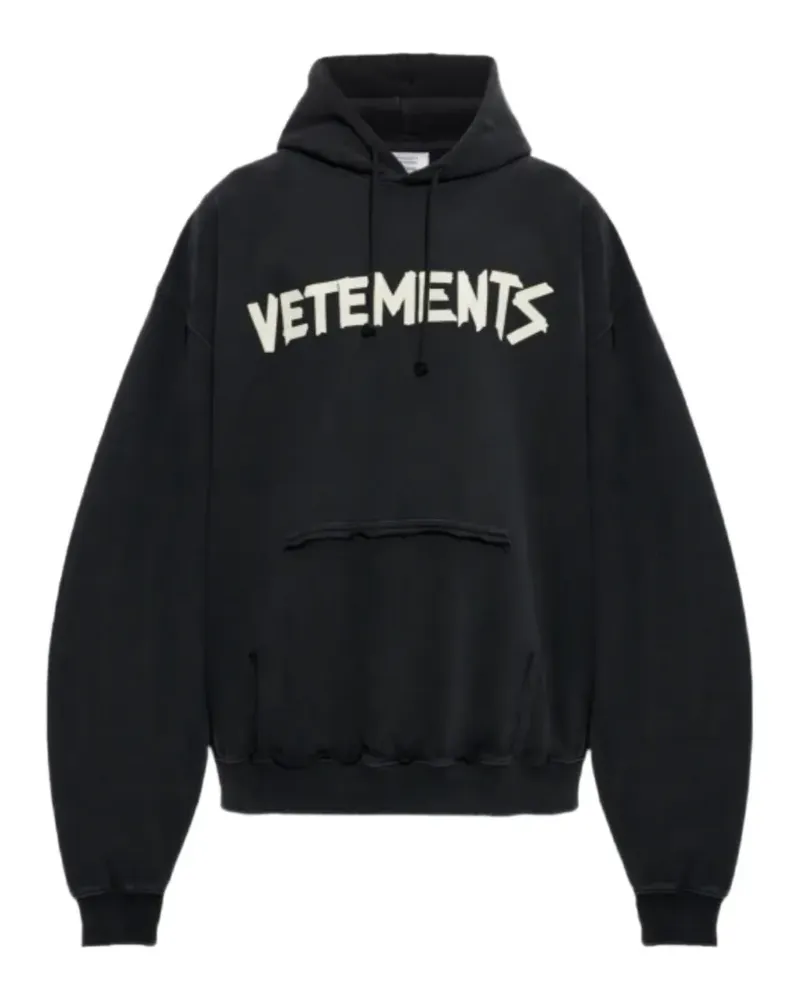 VETEMENTS logo-print frayed hoodie - Schwarz Schwarz