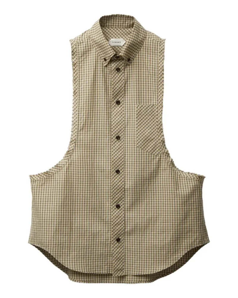 Versace micro-checked cotton-poplin sleeveless shirt - Nude Nude