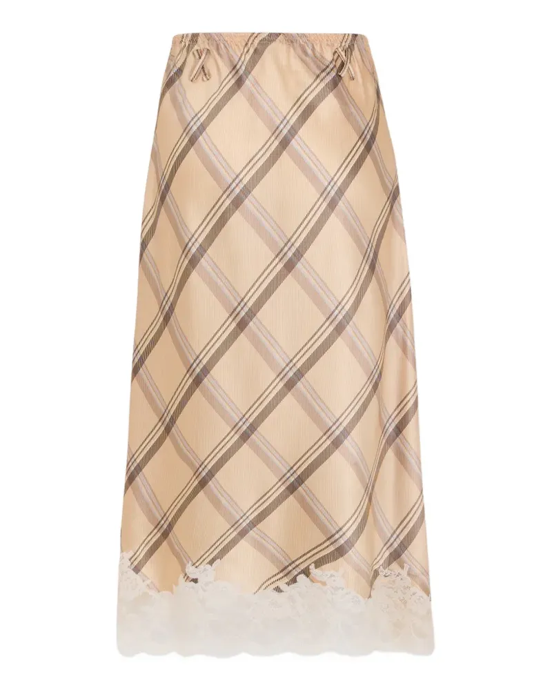 Paco Rabanne Midirock aus beigem Seidensatin mit Schottenkaro-Print und Spitzenbesatz - Nude Nude