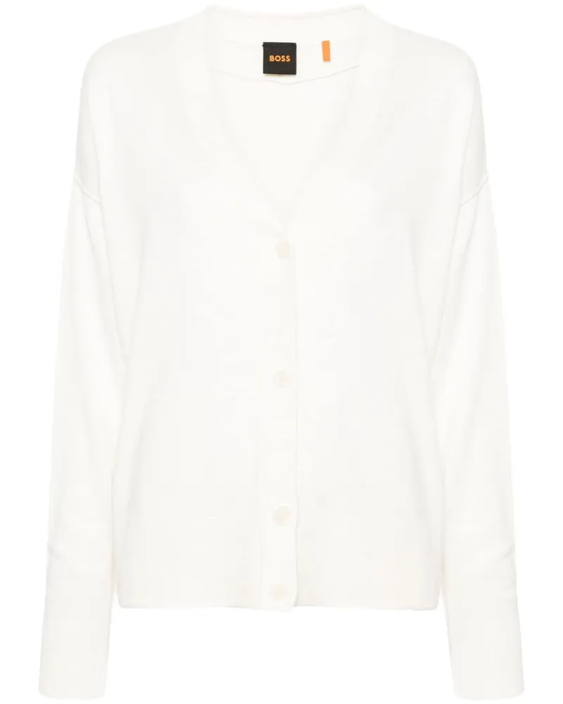 HUGO BOSS Gerippter Cardigan mit V-Ausschnitt - Weiß Weiß