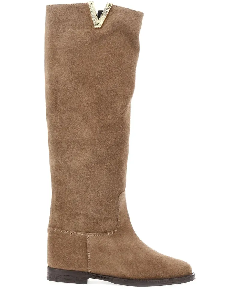 Via Roma 15 Kniehohe Wildlederstiefel mit V-Schild - Nude Nude