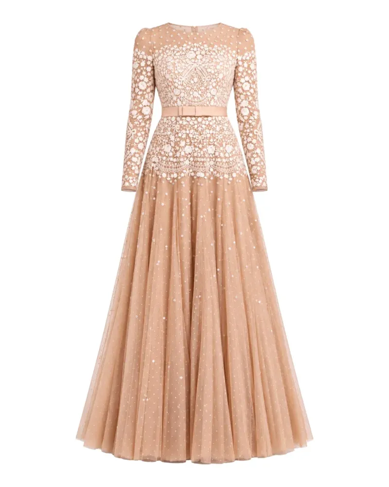 Needle & Thread Gilded Lace long-sleeve maxi gown - Nude Nude