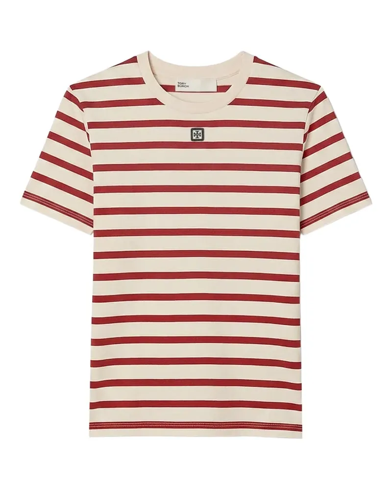 Tory Burch striped logo-patch T-shirt - Nude Nude