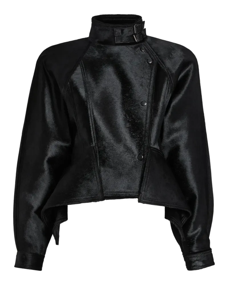 Balmain Lederjacke mit Schößchen in Ponyoptik - Schwarz Schwarz