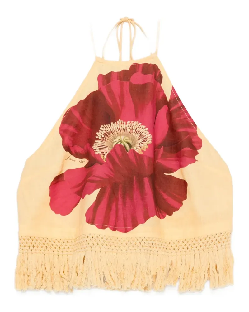 FARM Rio poppy-print fringe-trim top - Gelb Gelb