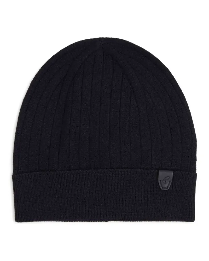 Brioni ribbed logo-patch beanie hat - Blau Blau