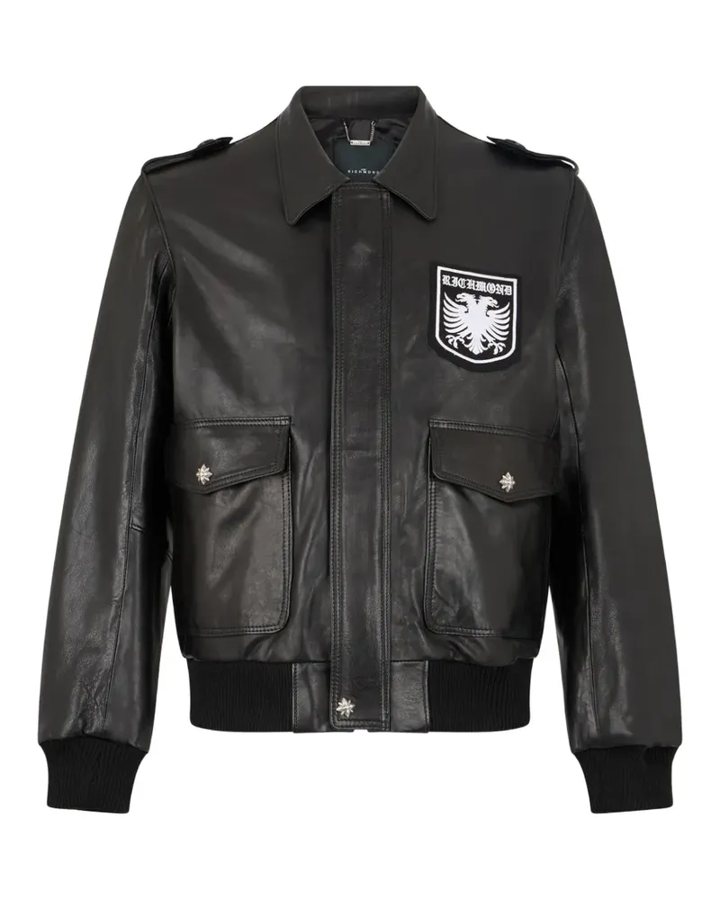 John Richmond Bomberjacke aus Leder mit Logo-Patch - Schwarz Schwarz