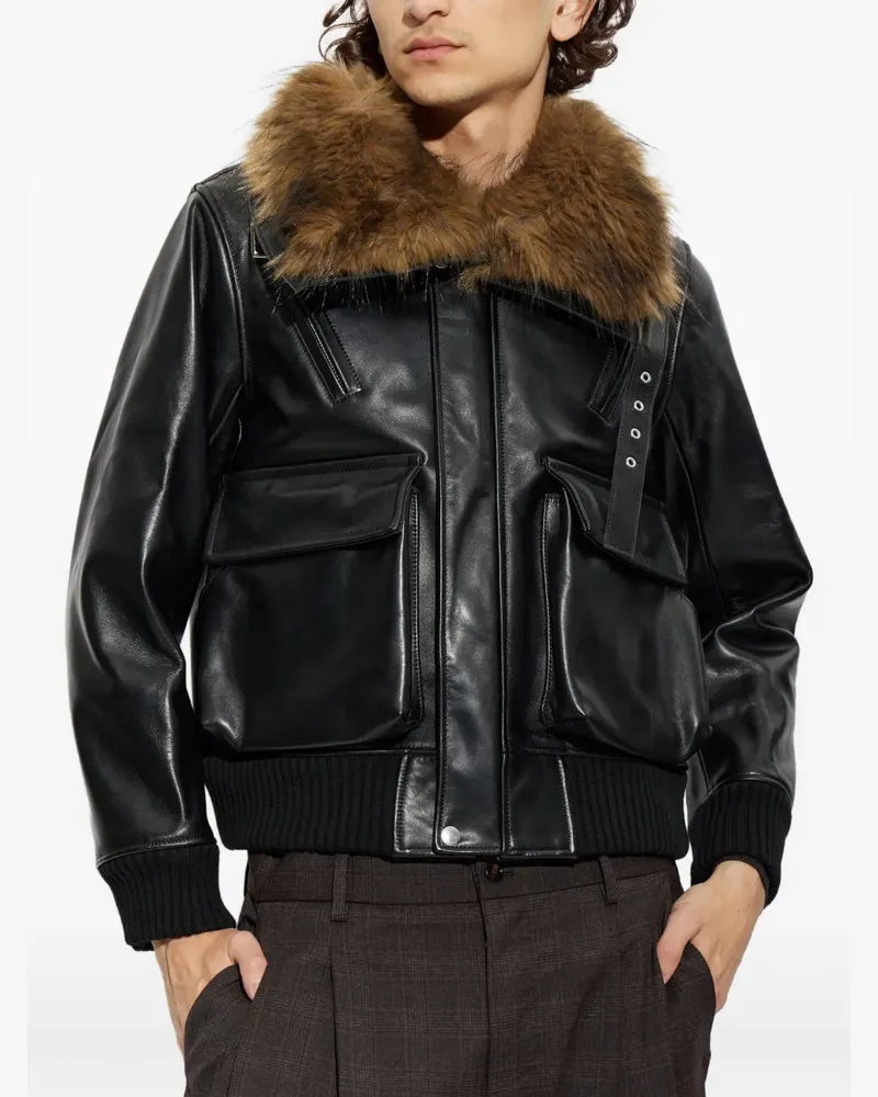 Sacai faux-fur collar leather jacket - Schwarz Schwarz