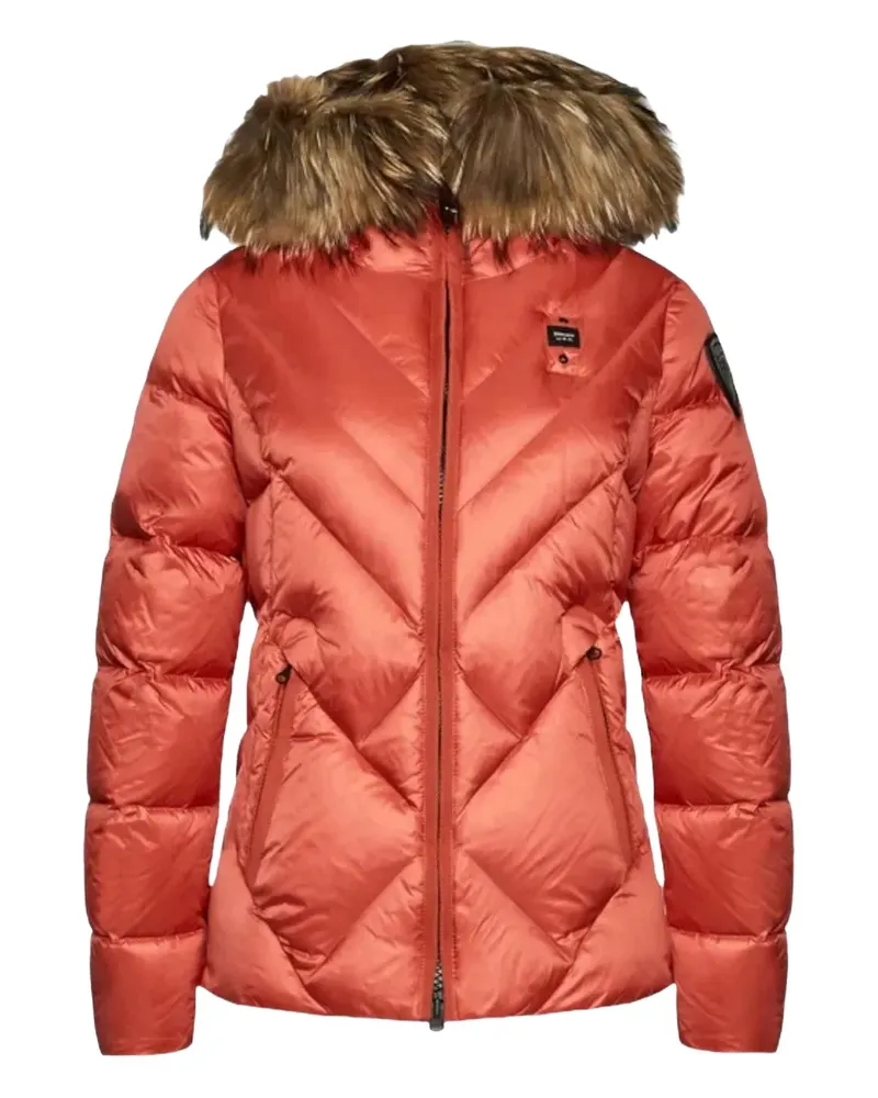 Blauer Daunenmantel mit Pelzbesatz - Orange Orange