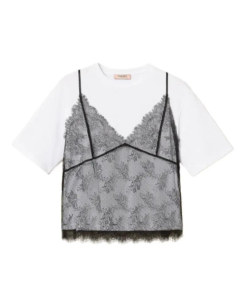Twin-Set Rundhals-T-Shirt mit Spitze - Weiß Weiß