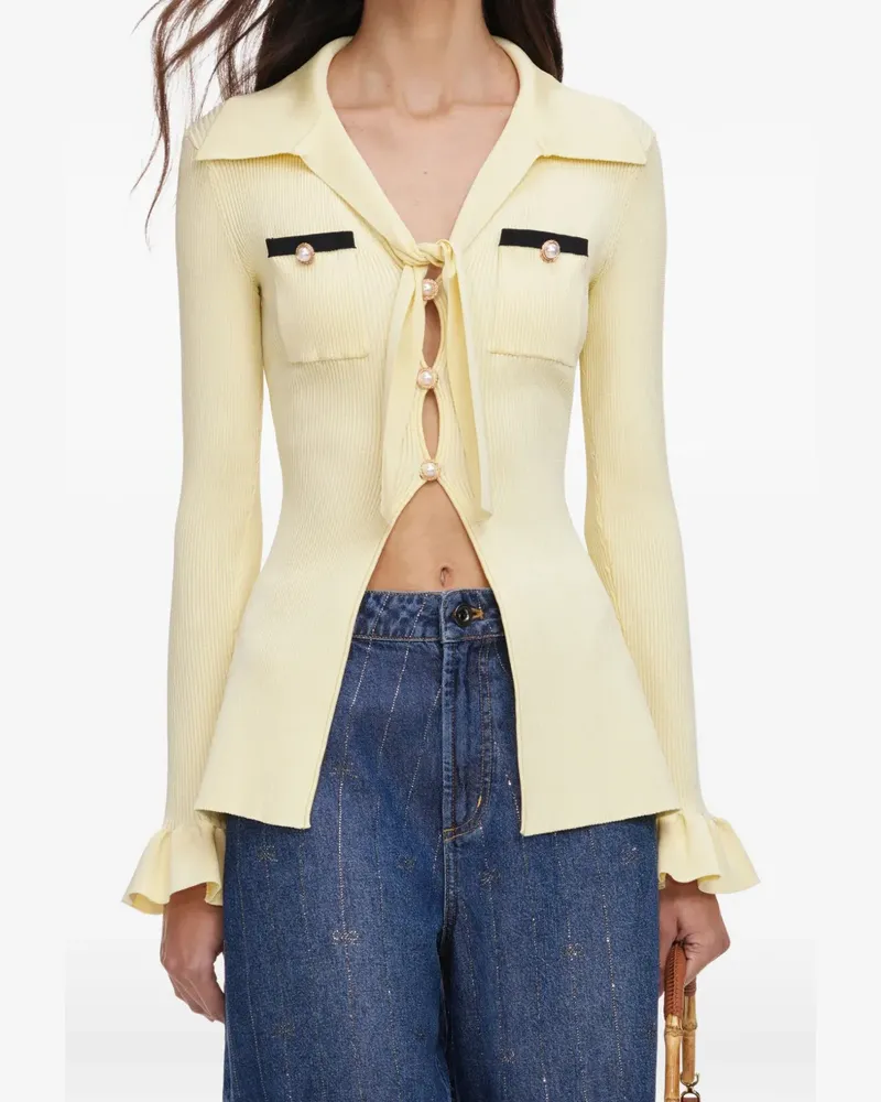 Self-Portrait pearl-embellished ribbed shirt - Gelb Gelb