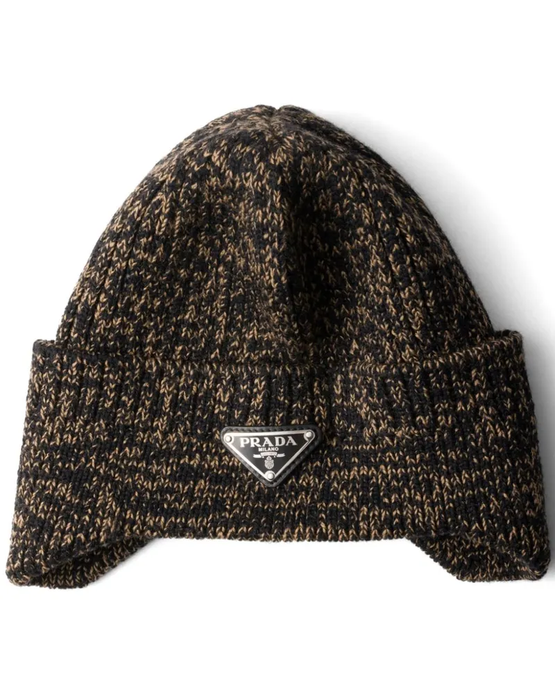 Prada Melierte Beanie mit emailliertem Logo - Schwarz Schwarz